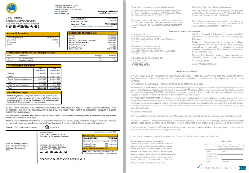 Download Barbados Caribbean Development bank mortgage statement, 2 pages, 1 2 scr Photoshop template